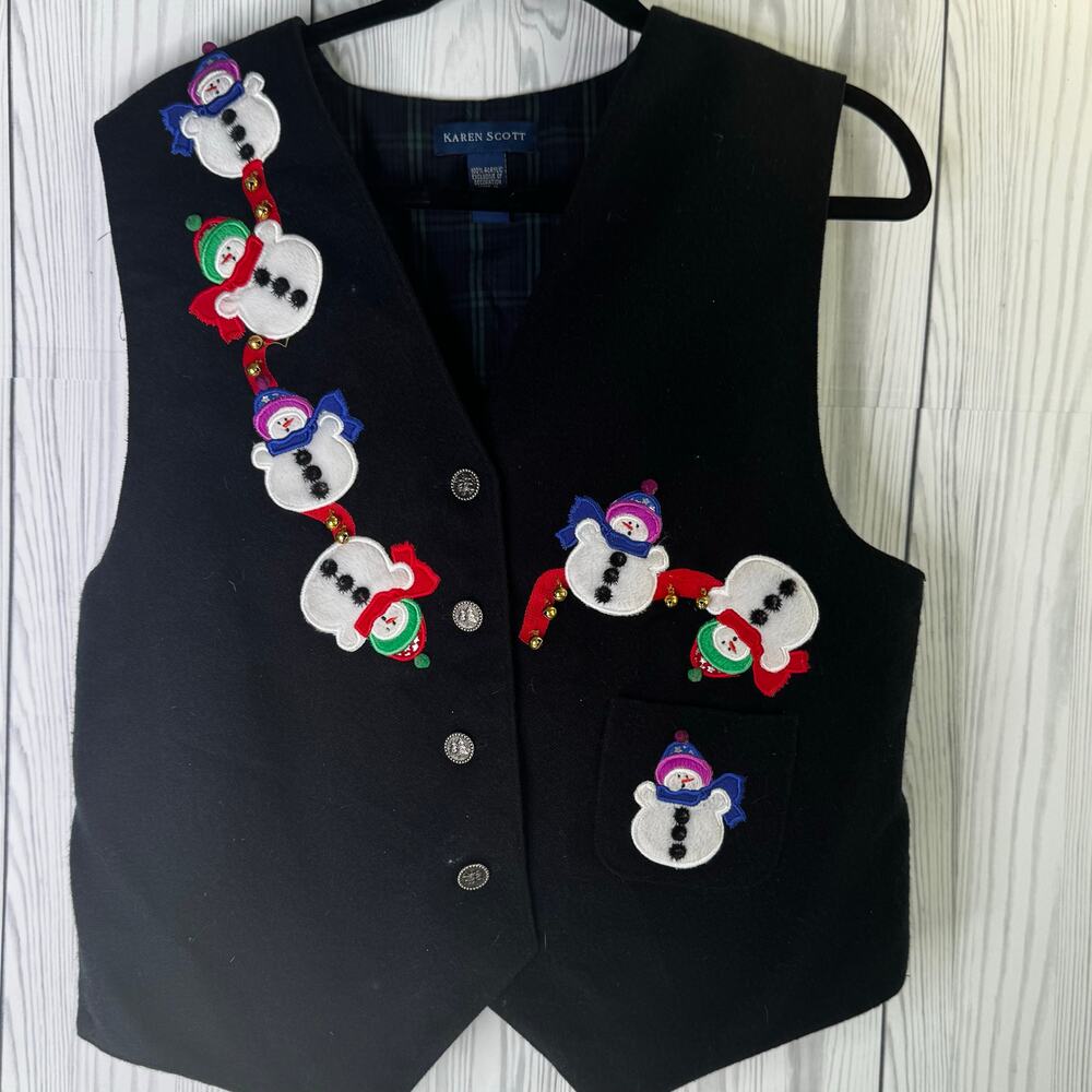 Vintage Karen Scott Christmas Sweater Vest  Snowmen & Bells Women’s Medium